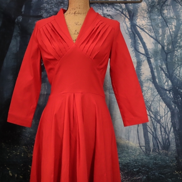 PIN UP DRESS M Red Retro Pin-up Rockabilly Long-sleeved V-neck Dance Matte 60s - Picture 6 of 14